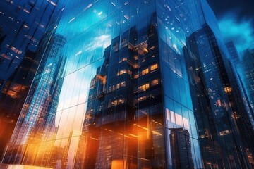 Office buildings in financial district with night lights and sky reflected on modern glass walls of skyscrapers. Generative AI