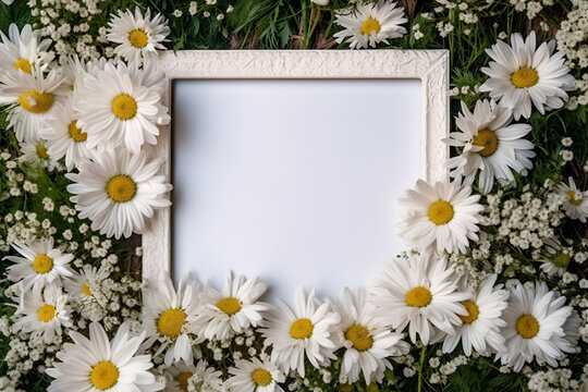 Rectangular white wooden picture frame with empty space for text and framed with daisies, generative AI.