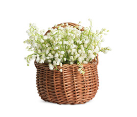 Fototapeta na wymiar Wicker basket with beautiful lily of the valley flowers isolated on white