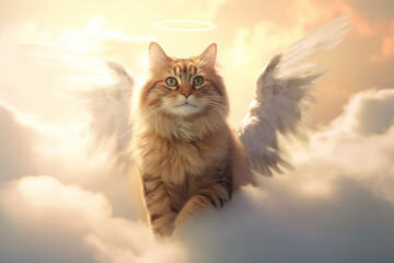 Obraz premium a cute brown cat in heaven. kitten with wings and halo. pet angel. cat in animal heaven.