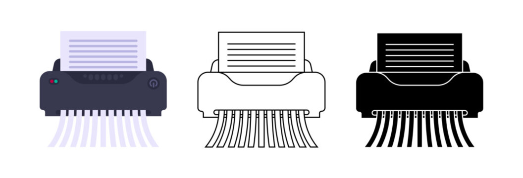 Set Paper shredder office device with a sheet of paper icon in different styles flat, line and silhouette vector illustration