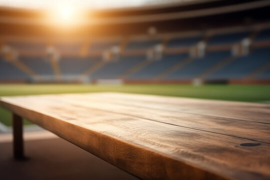 table in a lively sports stadium blurred background. generative AI
