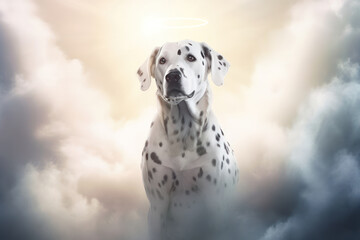 a happy dalmatian dog in heaven. Wings and halo. pet heaven, animal heaven. Canis lupus familiaris dog breed. Wings and halo.