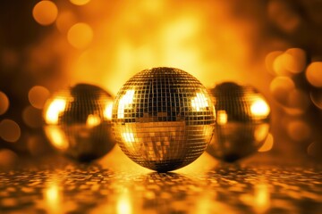 Obraz premium Disco balls image in gold on golden background. Generative AI