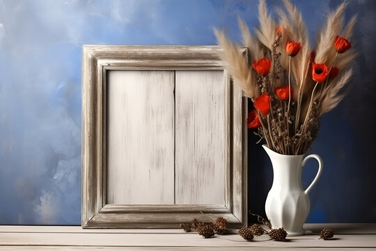 Rustic wooden photo frames with empty space for text on the wooden background, AI generative content.