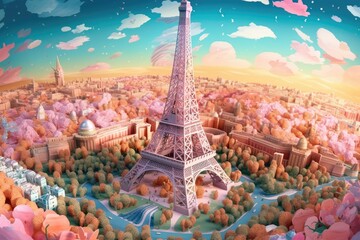 Multi dimensional paper kirigami craft, paper art, Paris France Eiffel Tower illustration. Generative AI