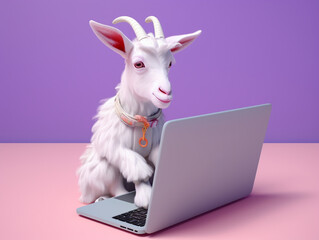 A Cute 3D Goat Using a Laptop on a Solid-Color Background | Generative AI