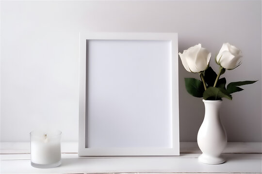 Rectangular white wooden picture frame with empty space for text on the table, AI generative content.