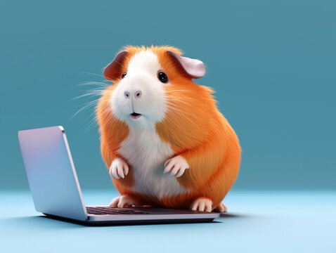 A Cute 3D Guinea Pig Using a Laptop on a Solid-Color Background | Generative AI