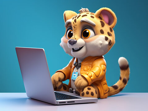 A Cute 3D Cheetah Using a Laptop on a Solid-Color Background | Generative AI