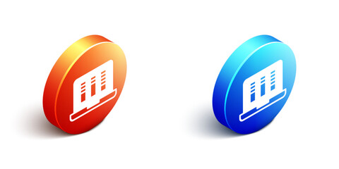 Isometric Sound or audio recorder or editor software on laptop icon isolated on white background. Orange and blue circle button. Vector