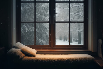 window seat with a view of a peaceful snowfall outside. generative AI