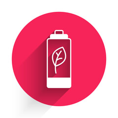 Fototapeta premium White Eco nature leaf and battery icon isolated with long shadow background. Energy based on ecology saving concept. Red circle button. Vector
