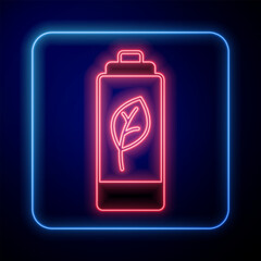 Glowing neon Eco nature leaf and battery icon isolated on black background. Energy based on ecology saving concept. Vector