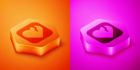 Isometric Broken heart or divorce icon isolated on orange and pink background. Love symbol. Happy Valentines day. Hexagon button. Vector