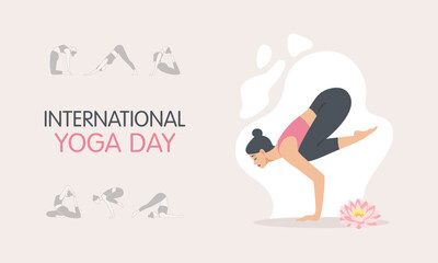 International day of yoga. 21st of June. Woman in lotus position with lotus flower. Different yoga poses. Vector banner