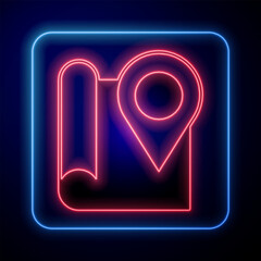 Glowing neon Folded map with location marker icon isolated on black background. Vector