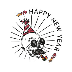 vintage illustration skull with attribute happy new yea