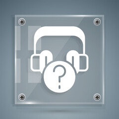 White Headphones with question icon isolated on grey background. Support customer service, hotline, call center, faq, maintenance. Square glass panels. Vector