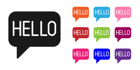 Black Hello in different languages icon isolated on white background. Speech bubbles. Set icons colorful. Vector