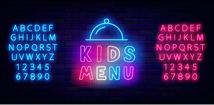 Kids menu neon label. Cafe and restaurant sign for children. Colorful food banner. Vector stock illustration