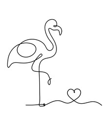 Silhouette of abstract flamingo and heart as line drawing on white