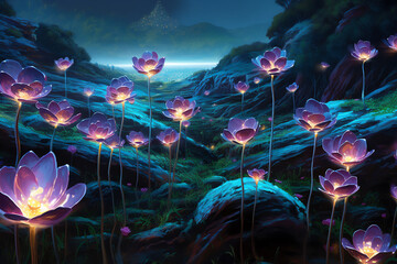 floating field of glowing flowers. generative AI