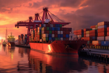 Obraz premium Container ships docked in a port at sunset. Generative AI