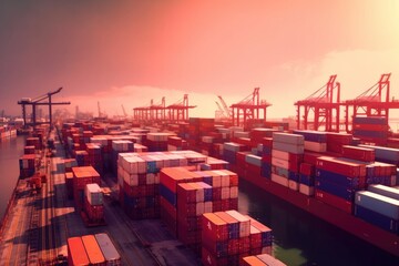 Container ports with containers and ships in the background. Generative AI
