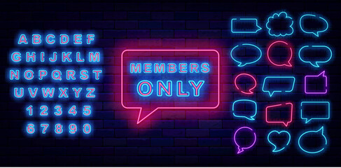 Members only neon label. Premium access. Think cloud frames collection. Shiny phrase. Vector stock illustration