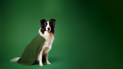 Border collie dog, Sheep dog on green background with copy space (Generative AI)