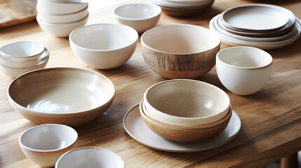 white ceramic dinnerware neatly arranged. generative AI