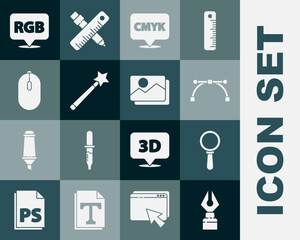 Set Fountain pen nib, Magnifying glass, Bezier curve, Speech bubble with text CMYK, Magic wand, Computer mouse, RGB and Picture landscape icon. Vector