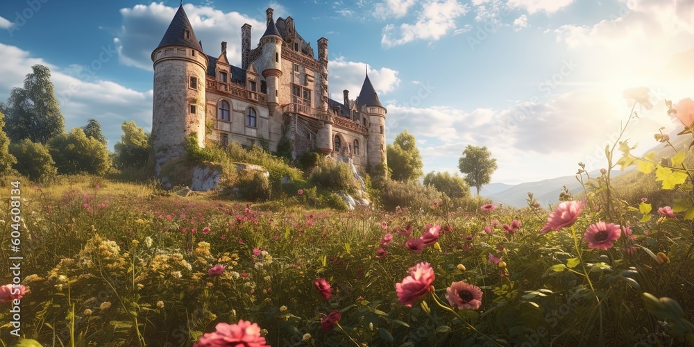 Wall mural summer beautiful landscape of wonderland with roses and an old castle, by ai generative