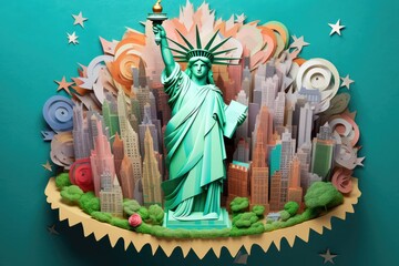 Multi dimensional paper kirigami craft, paper art, Statue of Liberty New York illustration. Generative AI