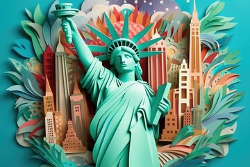 Obraz premium Multi dimensional paper kirigami craft, paper art, Statue of Liberty New York illustration. Generative AI