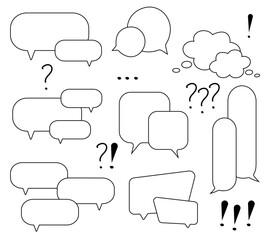 Obraz premium Set of double speech bubble, question and exclamation marks on the transparent background. Talk bubble box. Speak balloon. Communication, dialog, feedback vector symbols. Vector illustration. 
