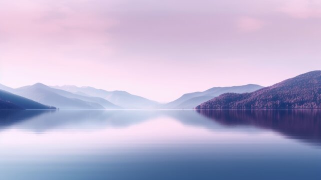 Beautiful mountain lake and natural environment in the morning background. Tranquil purple pink sunset mood lighting in panoramic mountainous and nature lake shore scenery. Picturesque generative AI