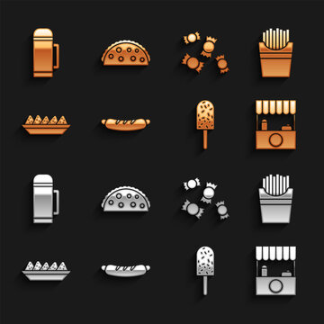 Set Hotdog sandwich, Potatoes french fries in box, Street stall with awning, Ice cream, Nachos plate, Candy, Thermos container and Taco tortilla icon. Vector