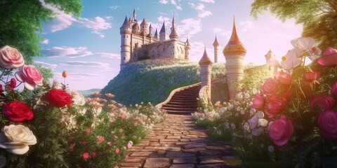summer beautiful landscape of wonderland with roses and an old castle, by ai generative