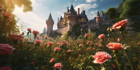 summer beautiful landscape of wonderland with roses and an old castle, by ai generative