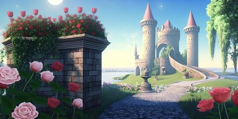 summer beautiful landscape of wonderland with roses and an old castle, by ai generative - obrazy, fototapety, plakaty