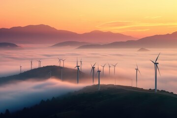 Fototapeta na wymiar Wind turbines in the mountains at sunset. Generative AI
