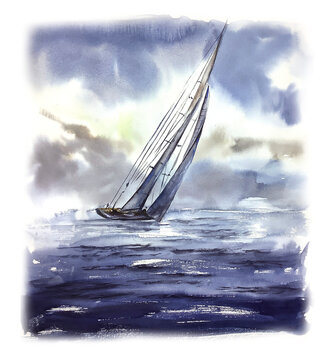 Watercolor seascape yachting  illustration regata nautical scene	
sailing boat