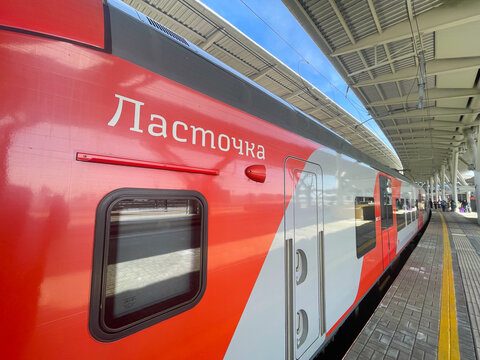 Sochi, Russia - 16 April, 2023: Lastochka or Swallow is a high-speed commuter train used across multiple Russian cities. Based on the Siemens Desiro design for Russian Railways