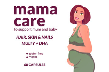 Design packaging of vitamins for pregnant women in cartoon style. For medical design illustration