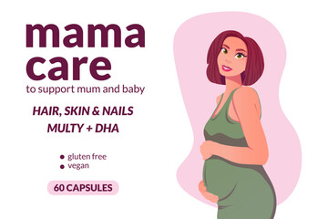 Obraz na płótnie Canvas Design packaging of vitamins for pregnant women in cartoon style. For medical design illustration