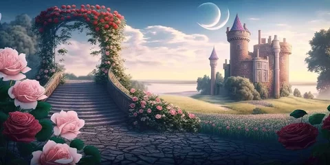 Foto op Aluminium summer beautiful landscape of wonderland with roses and an old castle, by ai generative © YuDwi Studio