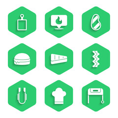 Set Steak meat, Chef hat, Barbecue grill, Bacon stripe, Meat tongs, Burger, and Cutting board icon. Vector