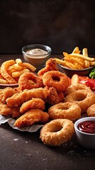 Close up of fast food snacks. Generative AI